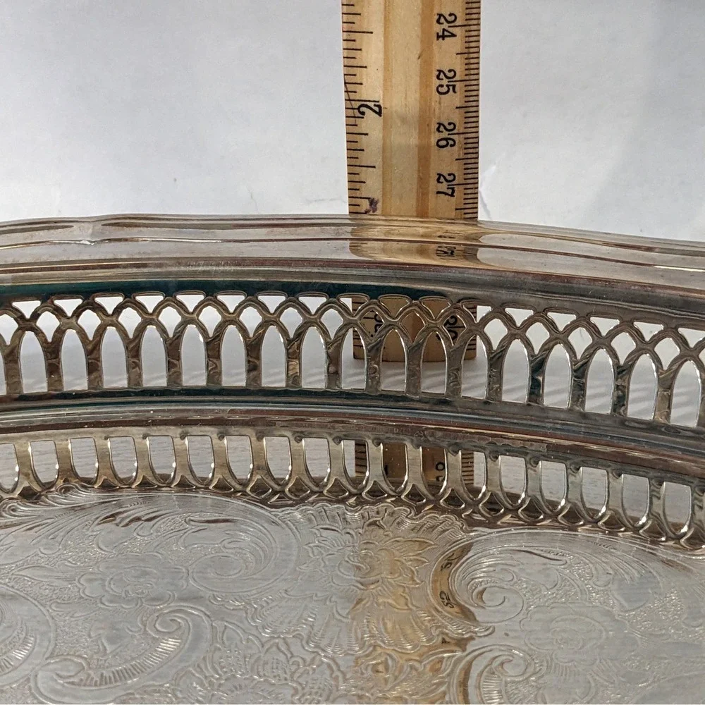 Vtg Oneida Silver Plated Oval Serving Tray Etched Floral Pierced Gallery Rim 15